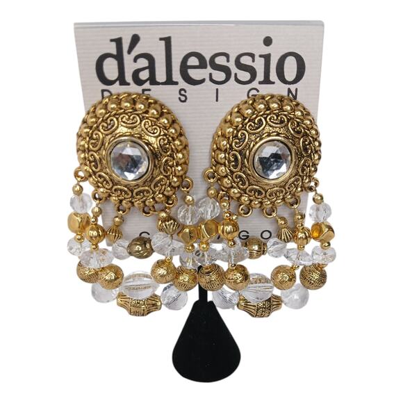 D’Alessio Design Clear & Gold Statement Clip-On Earrings – NOS - Picture 2 of 7